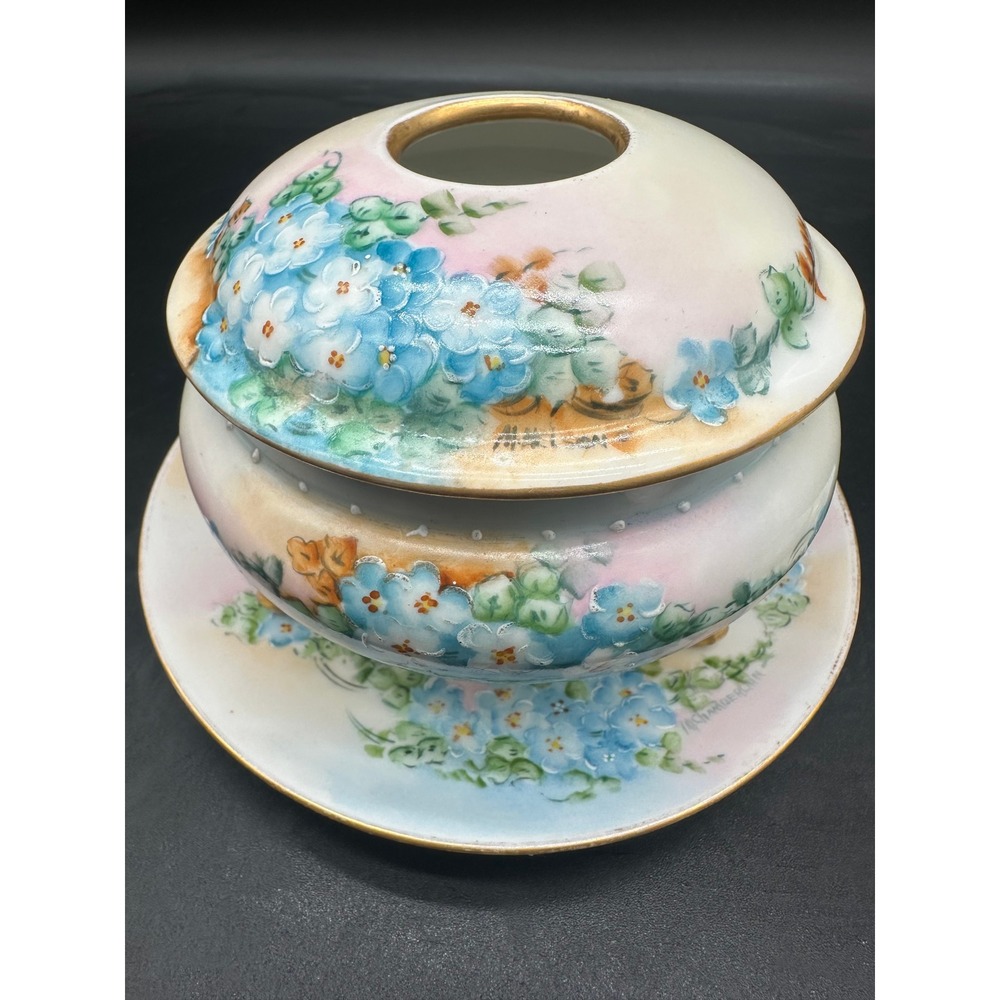 Antique Hand Painted Limoges Porcelain Dresser Set Forget-Me-Not Floral Gold - Picture 14 of 15